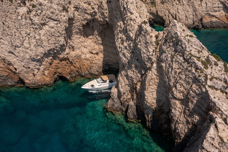 Private yacht anchored near the famous White Rocks of Ithaca.